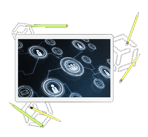 Um tablet mostrando conexões e ligações entre ferramentas, junto a logomarca da Docly e alguns lápis